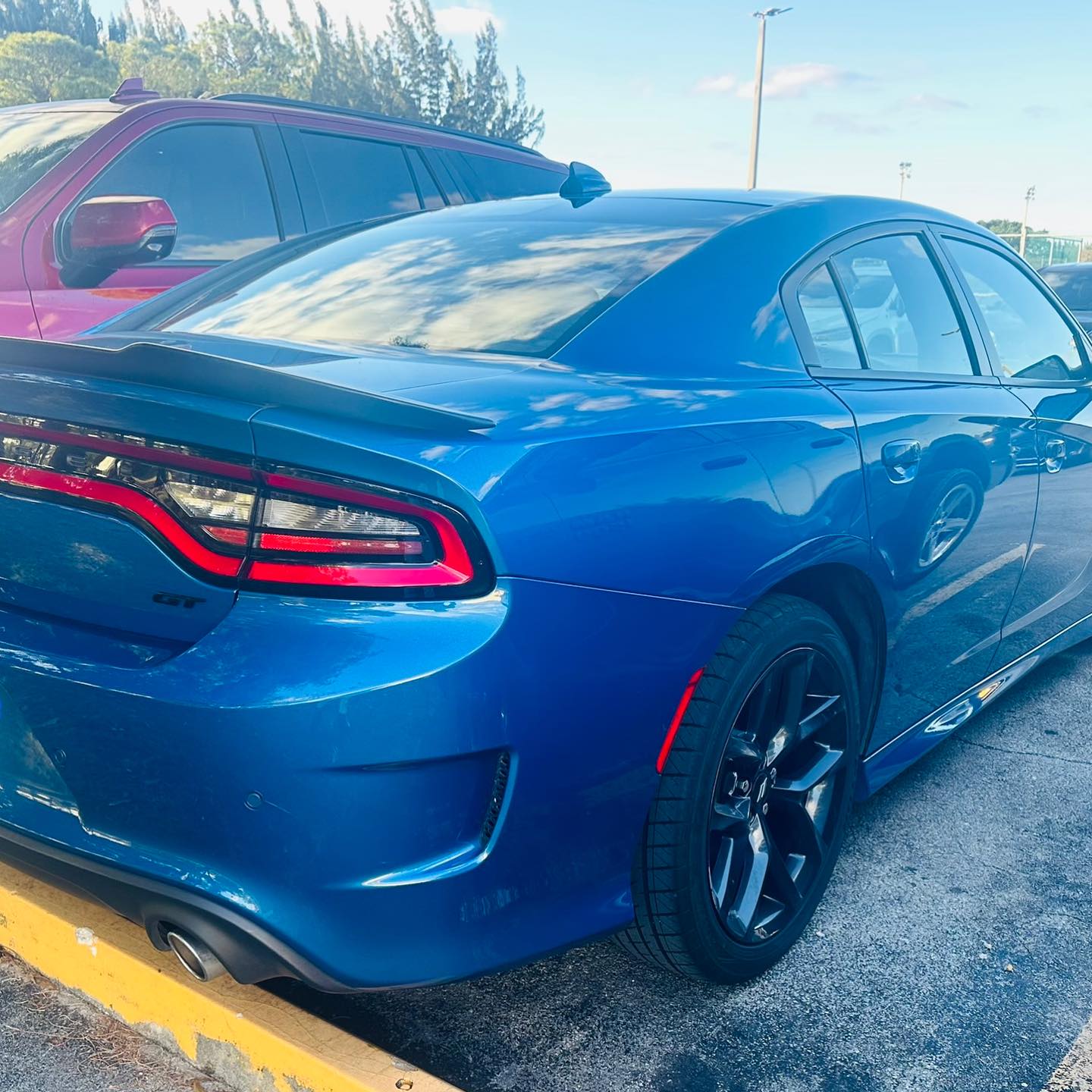 Blue Dodge Charger GT rear quarter panel repair
